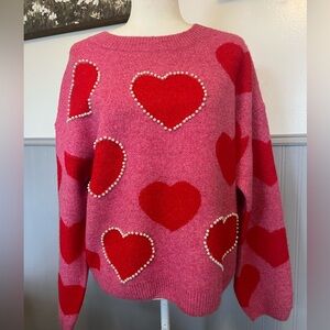 PEACH Clothing Pink Sweater with Red Hearts / Romantic Aesthetic/ Size: Large